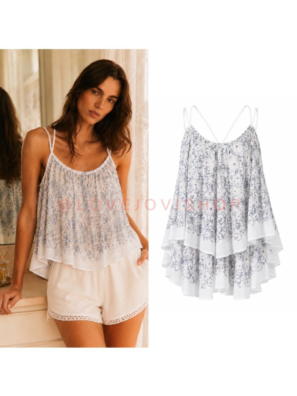 Romantic Boho | Free People Floral Cami Tank Lace Up Straps | High Low Ruffle